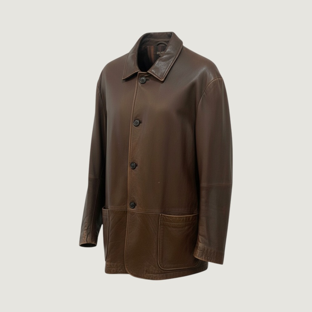 Island Soft Leather Car Coat Mens XL Brown Good Button Front Patch Pockets